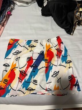 Abstract Brushstroke Print Mini Skirt - White with Red, Blue & Yellow
